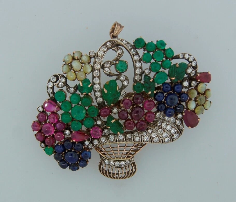 Art Deco Tutti-Frutti 10k Gold PENDANT PIN BROOCH Antique Gemstone Silver - 3