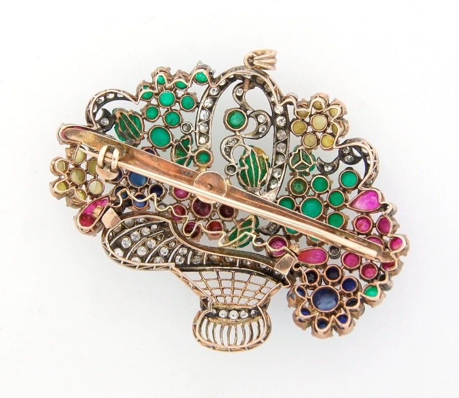 Art Deco Tutti-Frutti 10k Gold PENDANT PIN BROOCH Antique Gemstone Silver - 5
