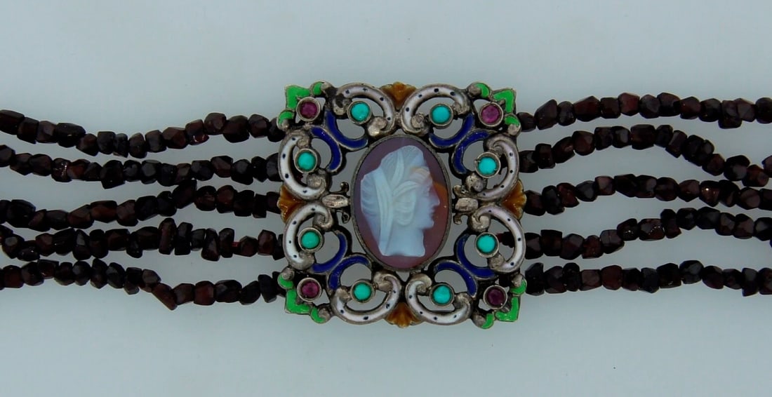 Antique Cameo Garnet Bead Silver CHOKER NECKLACE Victorian Austro-Hungarian - 4