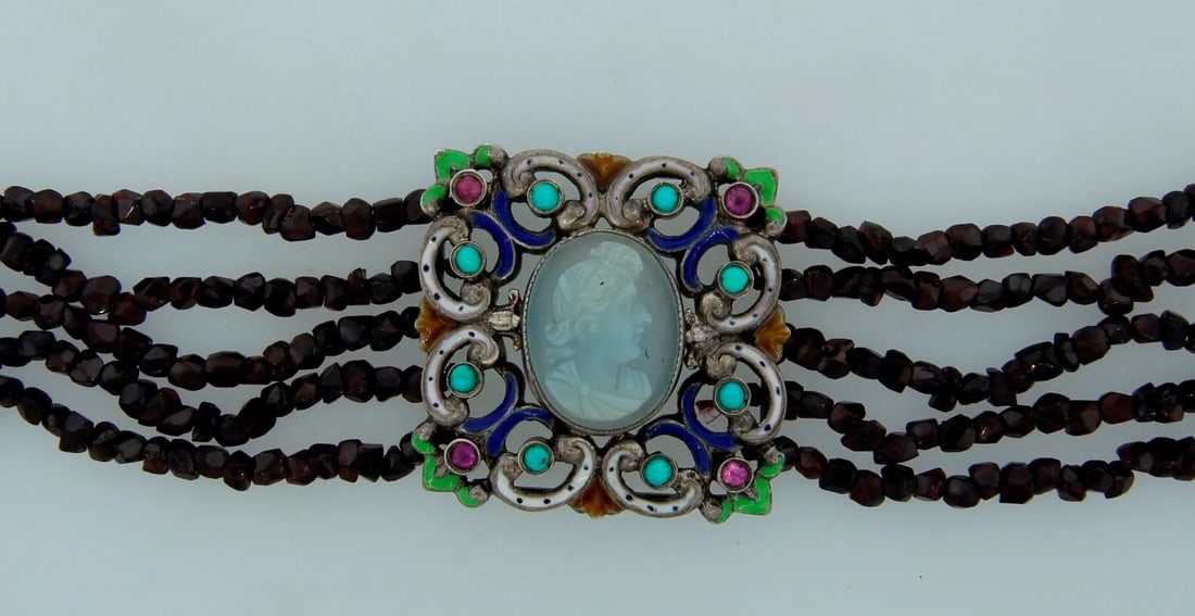 Antique Cameo Garnet Bead Silver CHOKER NECKLACE Victorian Austro-Hungarian - 5