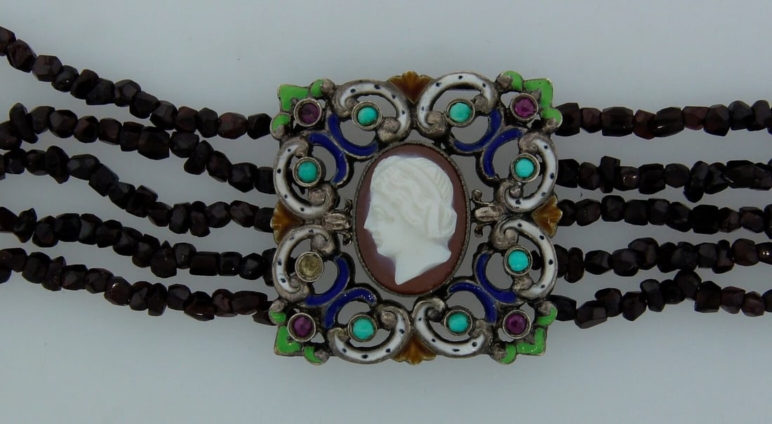 Antique Cameo Garnet Bead Silver CHOKER NECKLACE Victorian Austro-Hungarian - 6