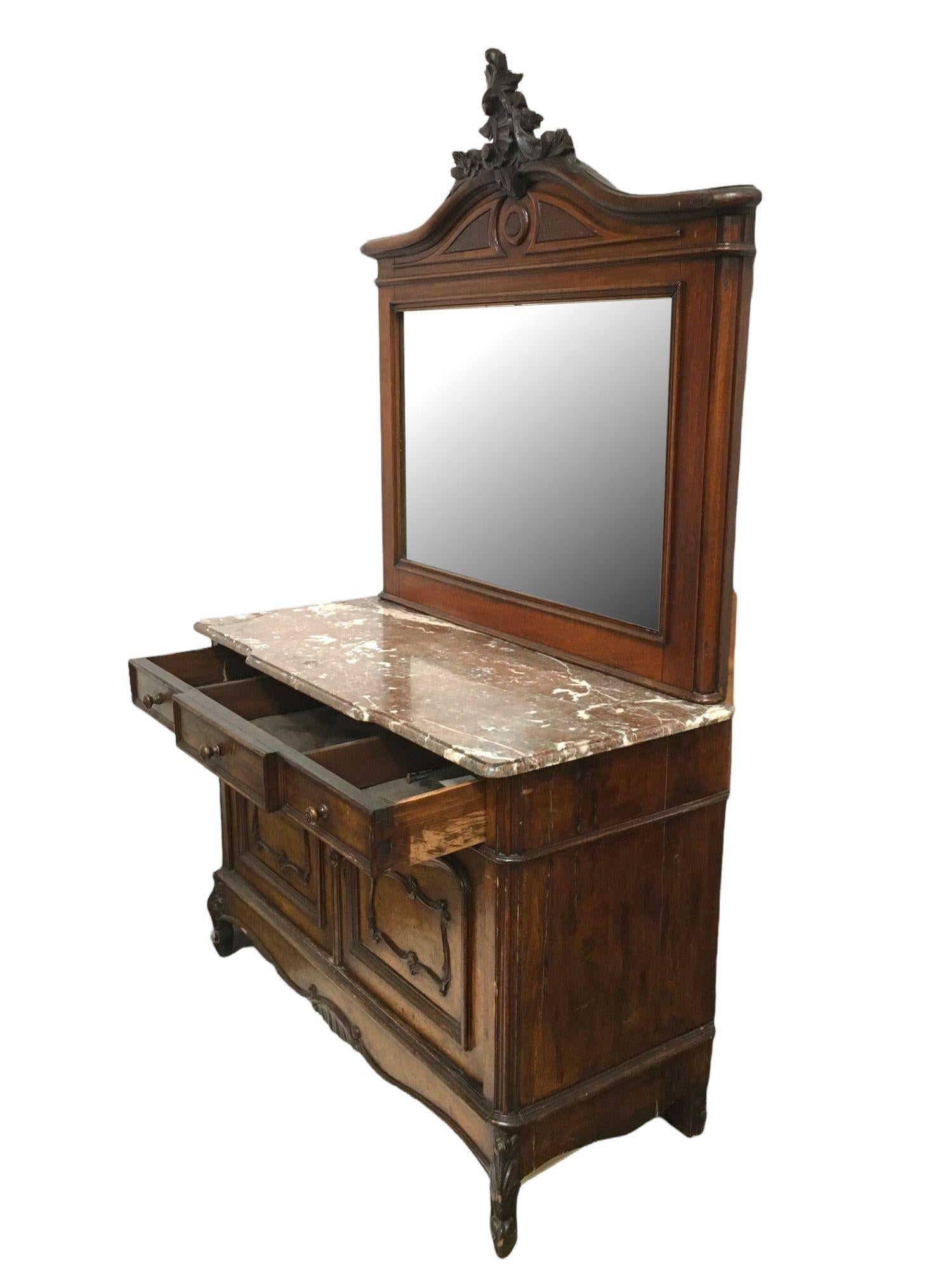 Louis XVI Solid Oak Dressing Vanity Table with Mirror and Marble Top - 10