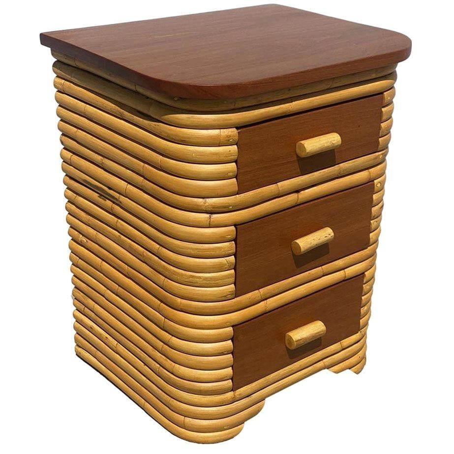 Restored Streamline Art Deco Stacked Rattan Bedside Table W/ Mahogany Top, Pair - 2