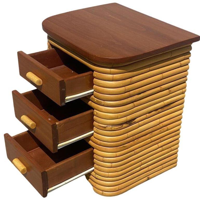 Restored Streamline Art Deco Stacked Rattan Bedside Table W/ Mahogany Top, Pair - 5