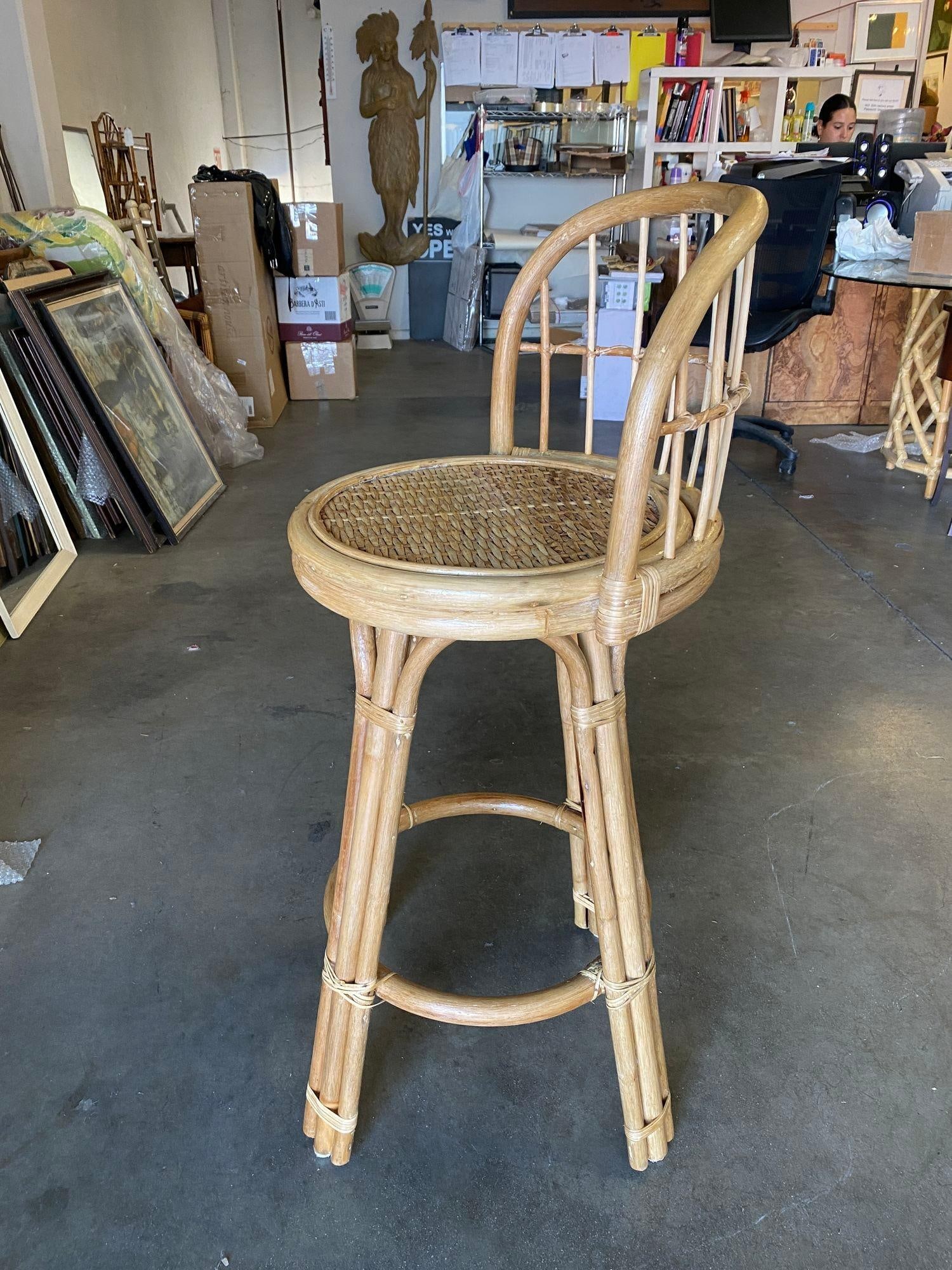 Restored 3-Strand Rattan Bar Stool w/ Stick Reed Rattan Back - 10