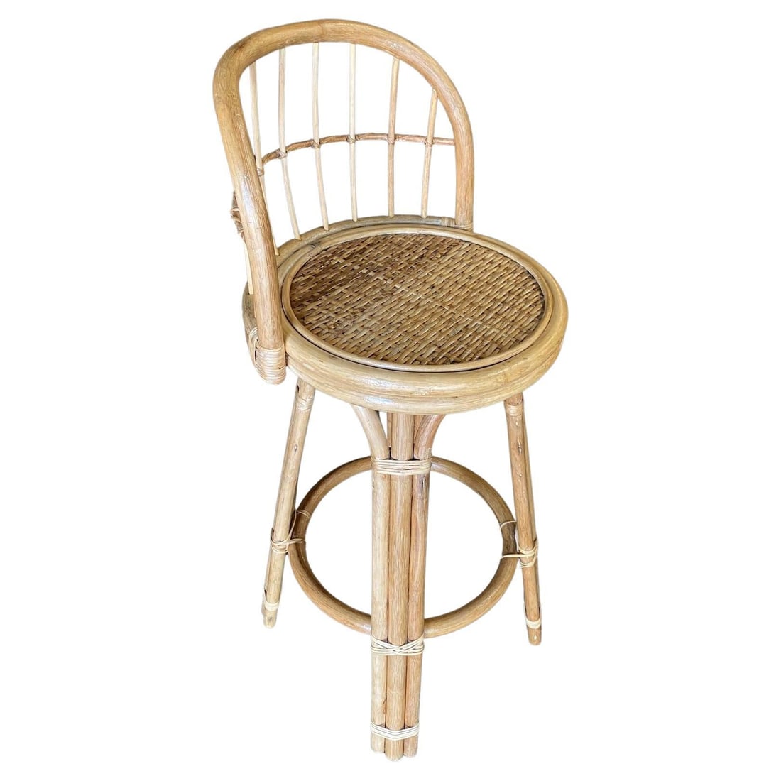 Restored 3-Strand Rattan Bar Stool w/ Stick Reed Rattan Back - 13