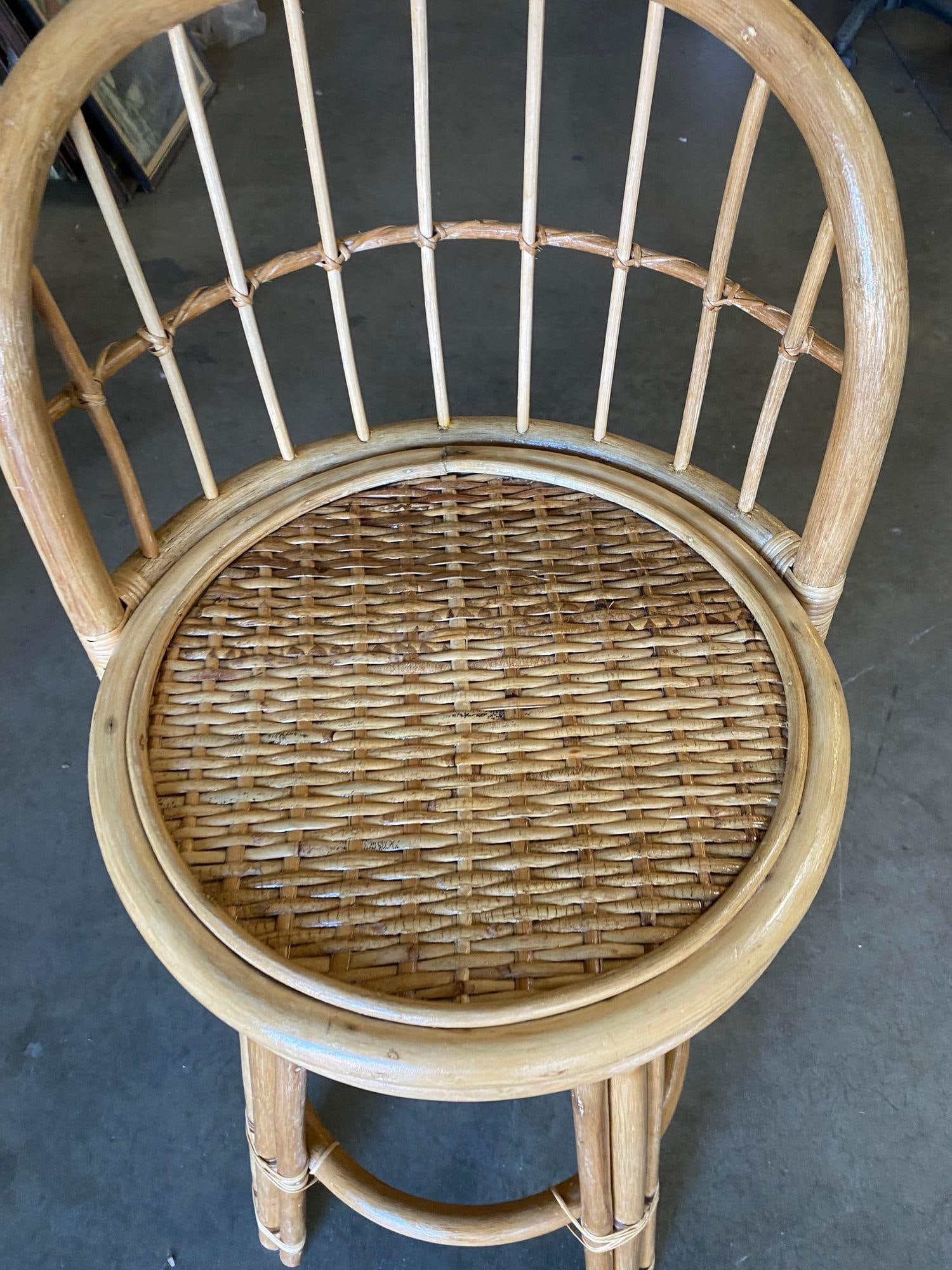 Restored 3-Strand Rattan Bar Stool w/ Stick Reed Rattan Back - 18