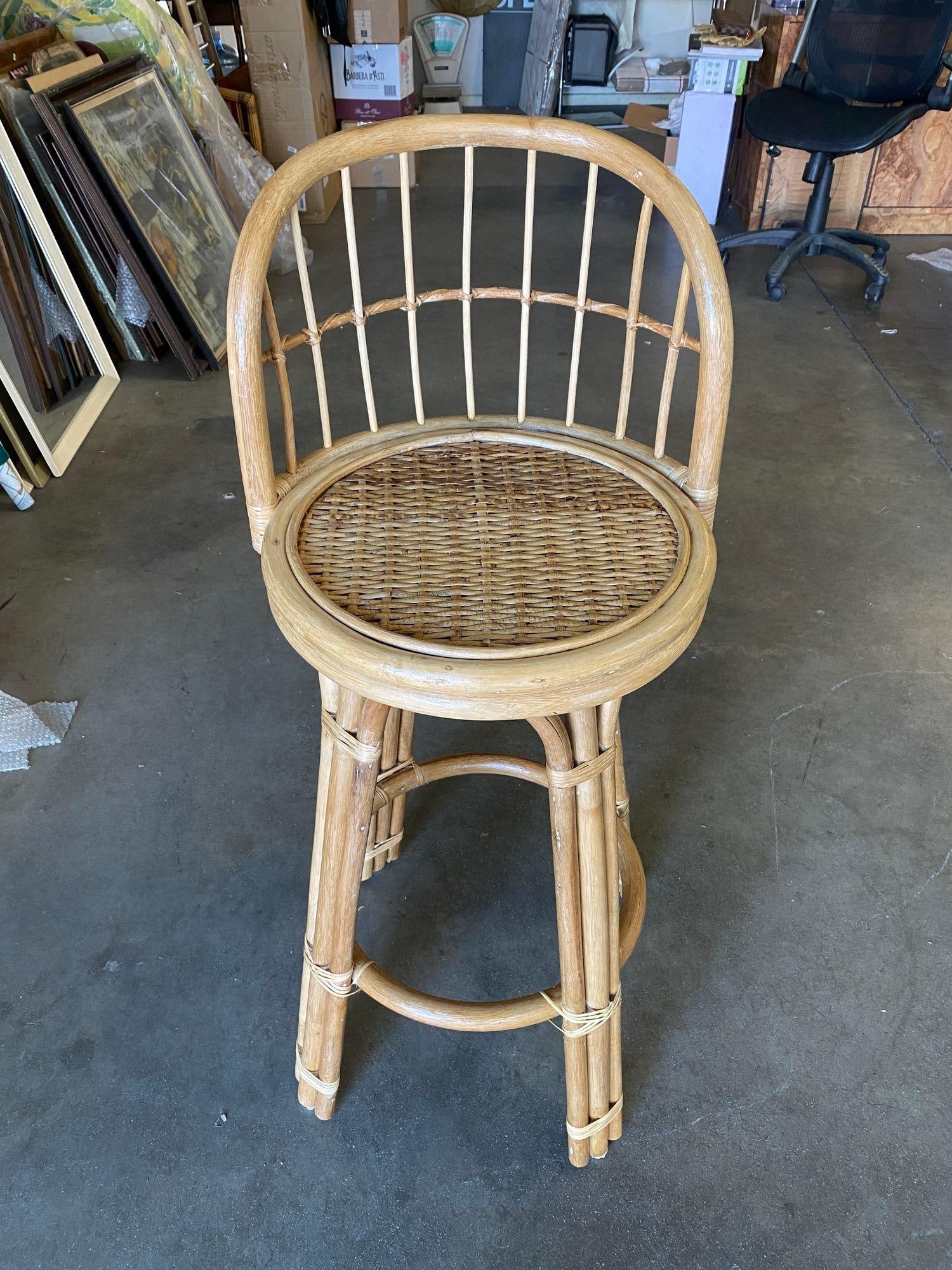 Restored 3-Strand Rattan Bar Stool w/ Stick Reed Rattan Back - 5