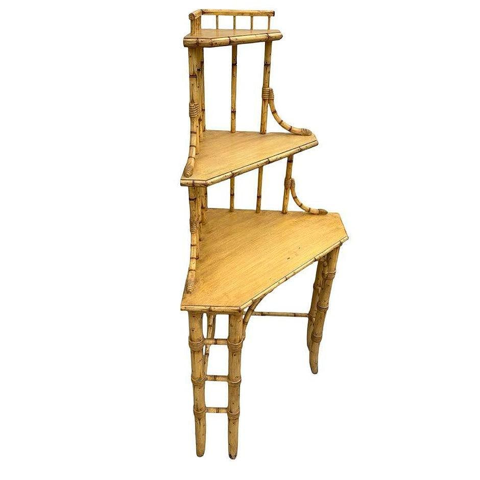 Mid-century James Mount Style 3-Tiered Blonde Bamboo Corner Shelf - 15