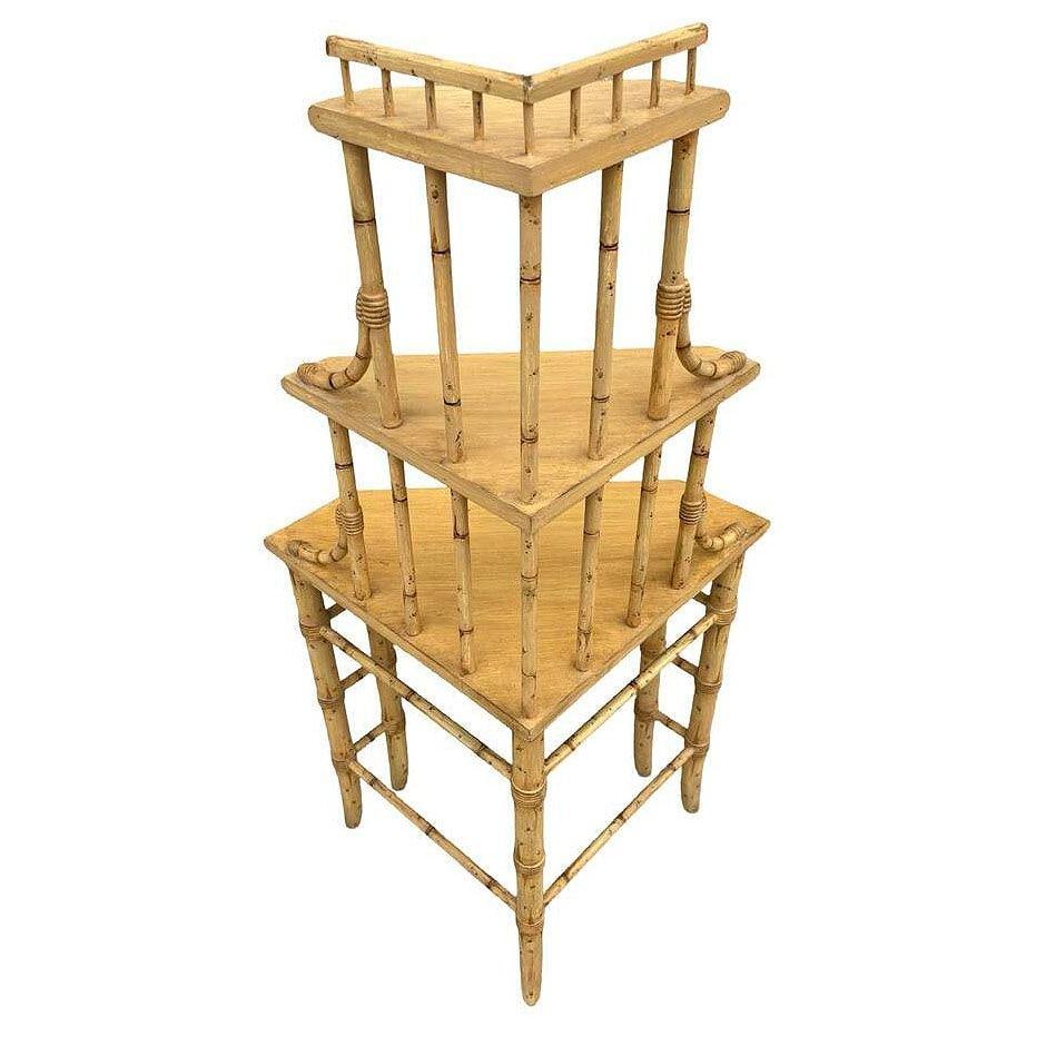 Mid-century James Mount Style 3-Tiered Blonde Bamboo Corner Shelf - 17