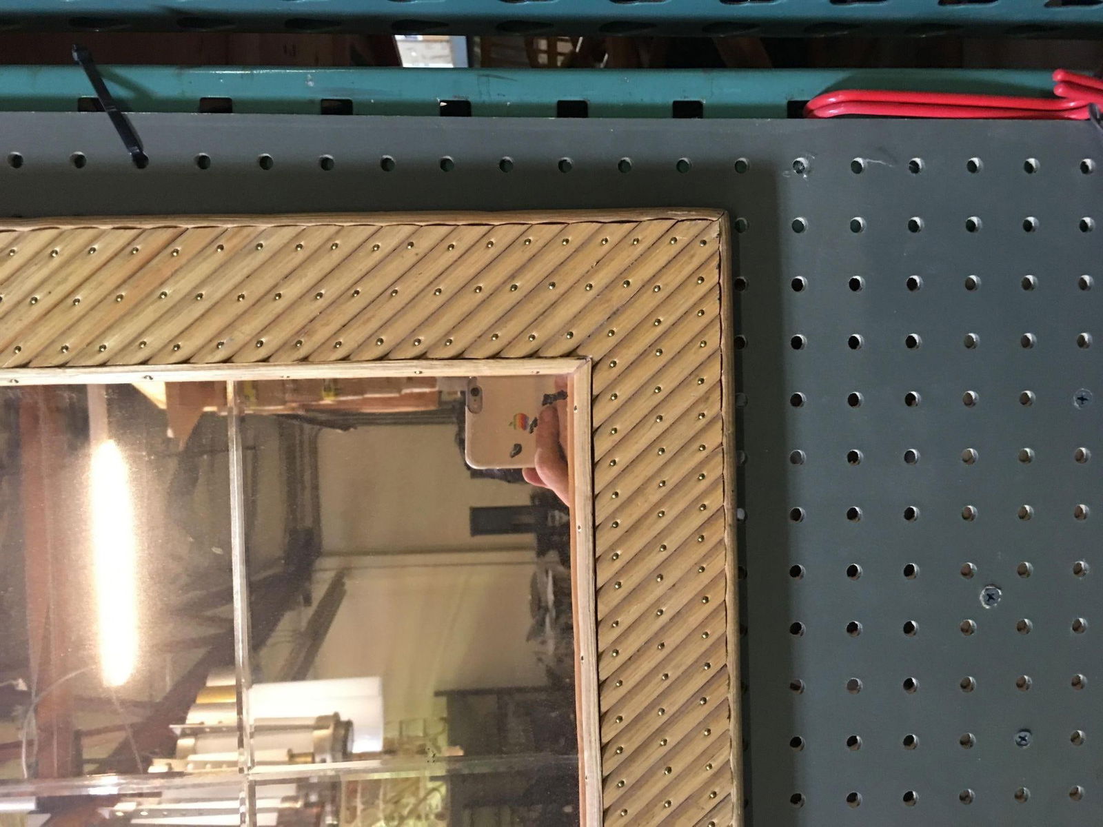 Restored Stick Rattan Rectangle Peach Glass Mirror with Nail Heads - 10