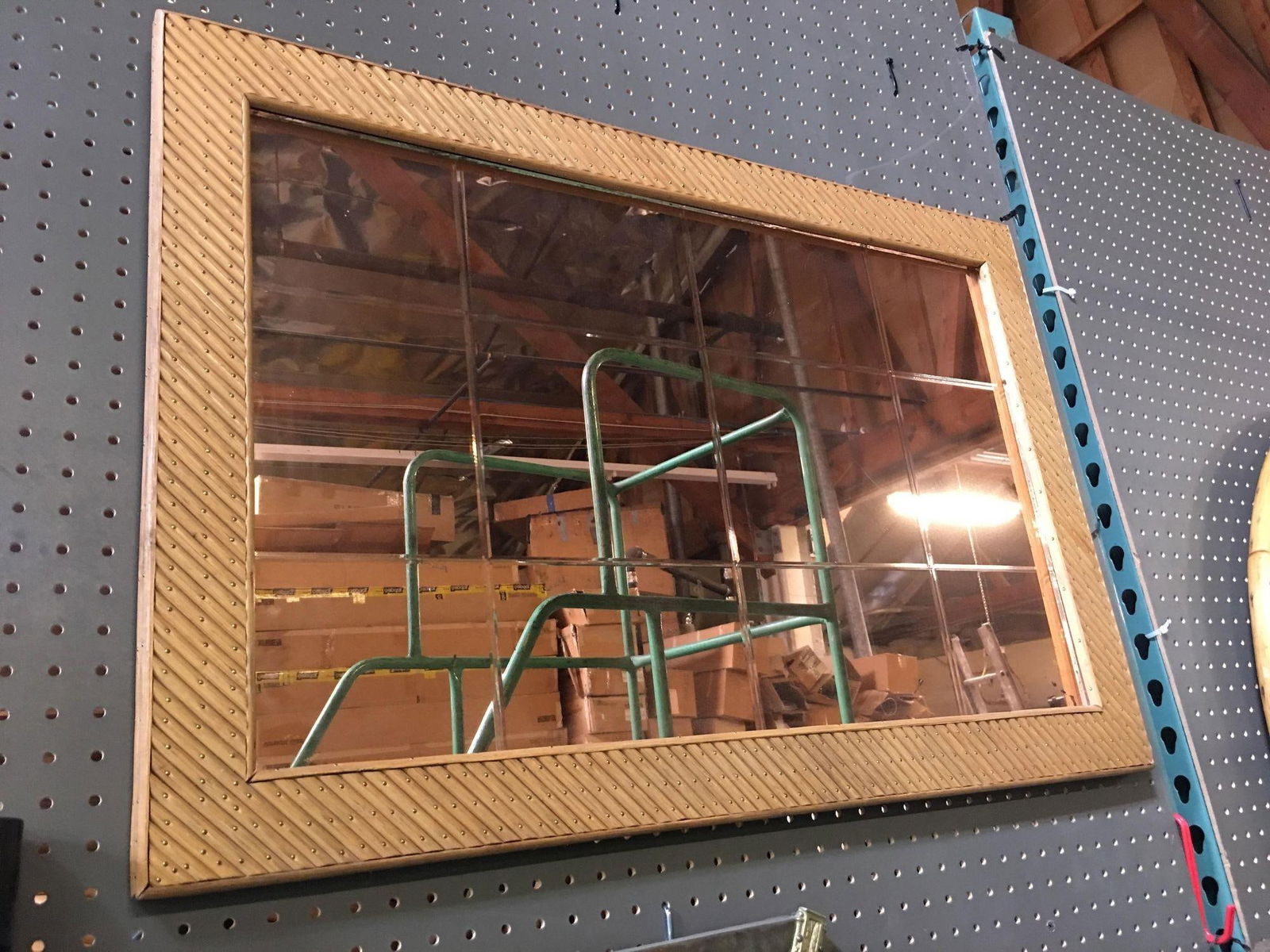 Restored Stick Rattan Rectangle Peach Glass Mirror with Nail Heads - 15