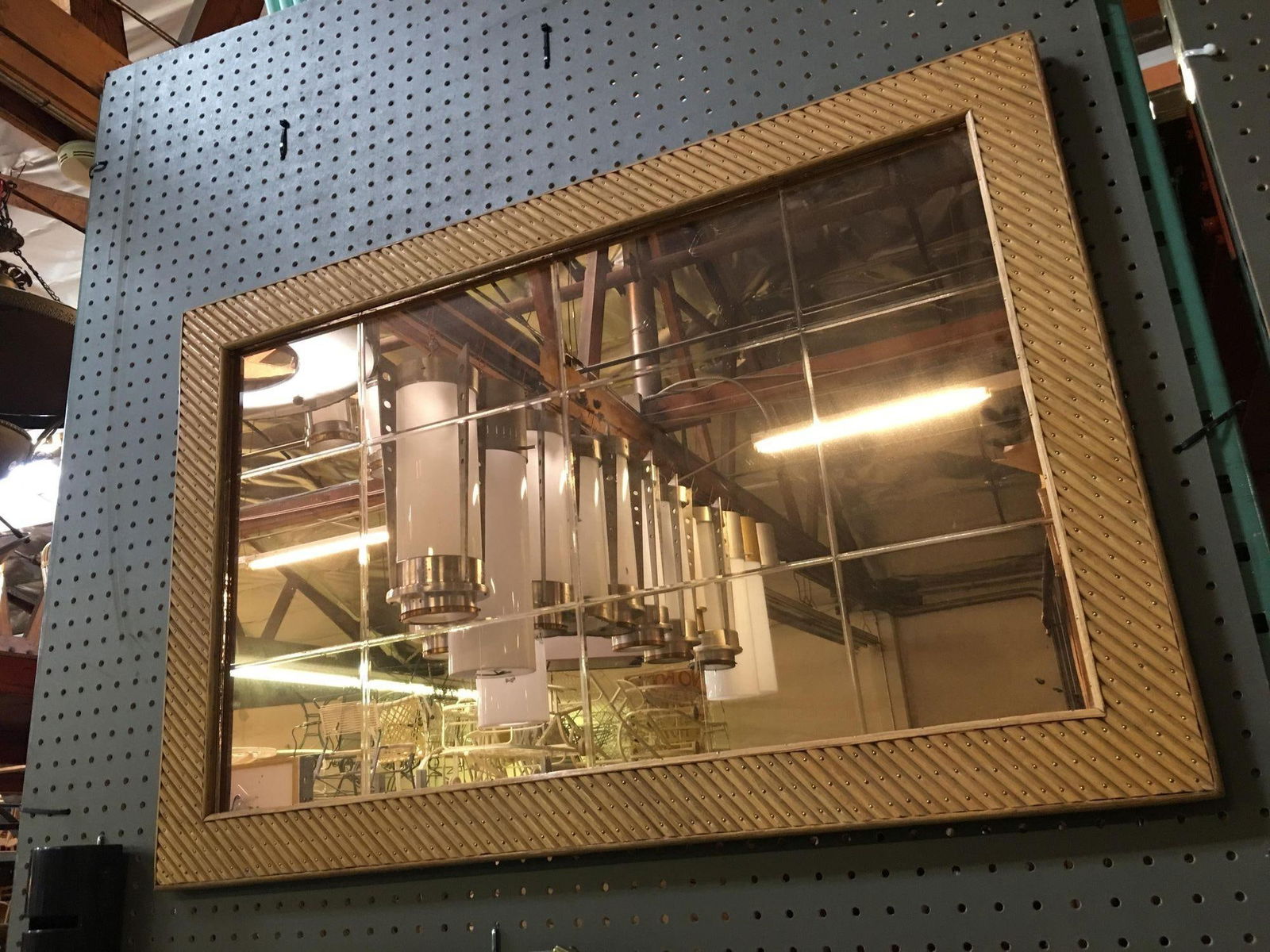 Restored Stick Rattan Rectangle Peach Glass Mirror with Nail Heads - 5