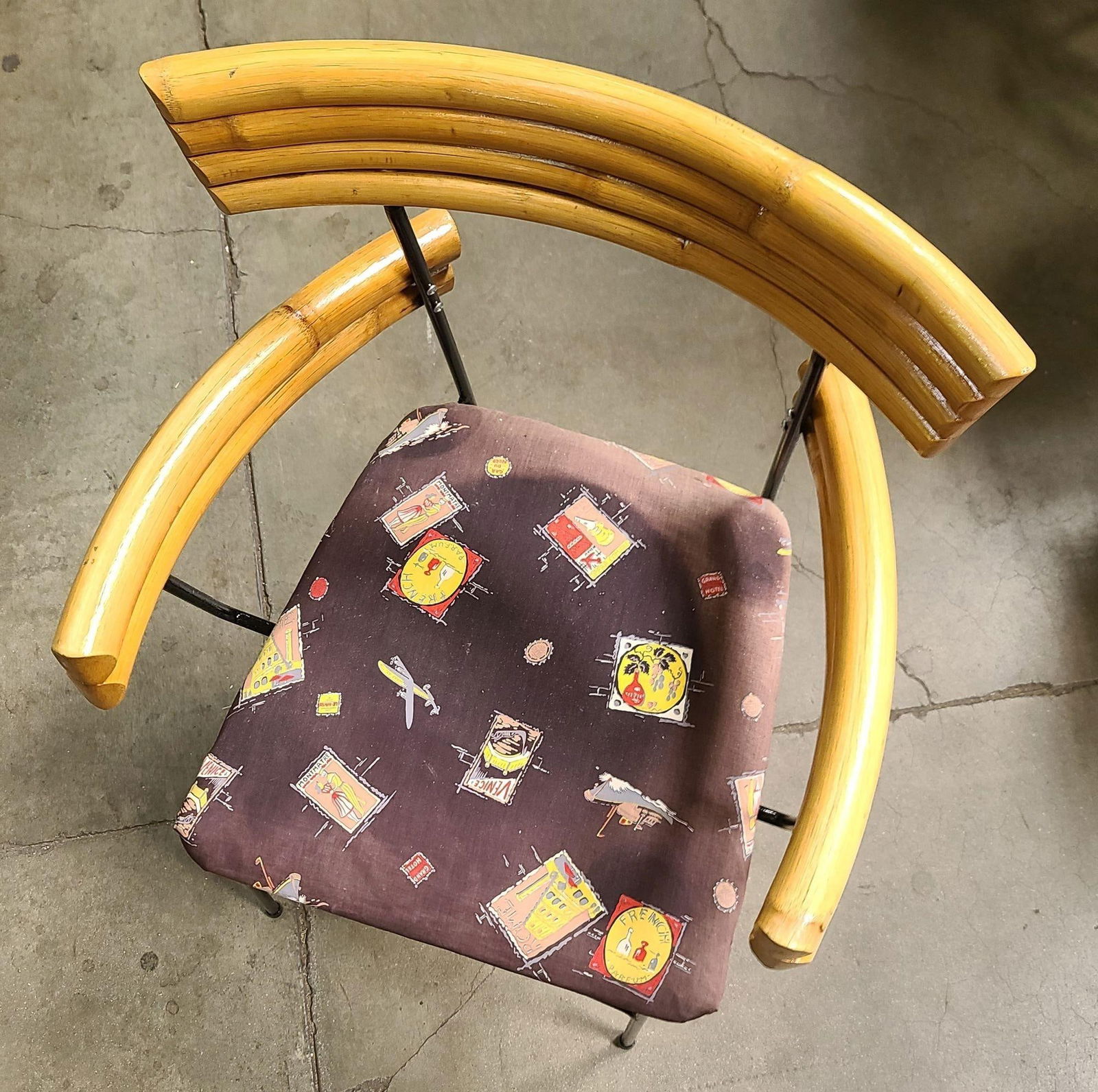 Restored Mid Century Wrought Iron Wire Hairpin Leg Armchair w/ Pole Rattan Arms - 5