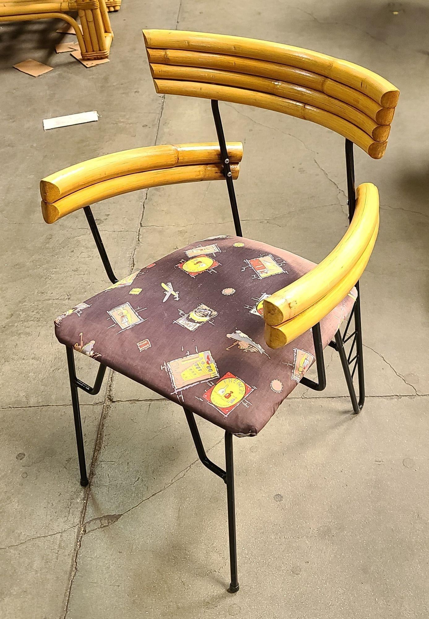 Restored Mid Century Wrought Iron Wire Hairpin Leg Armchair w/ Pole Rattan Arms - 6