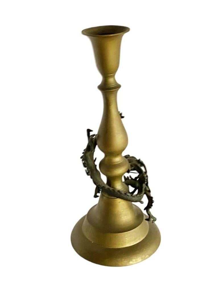 Hand Casted Brass Candlestick Holder w/ Chinese Dragon, Circa 1920 - 2