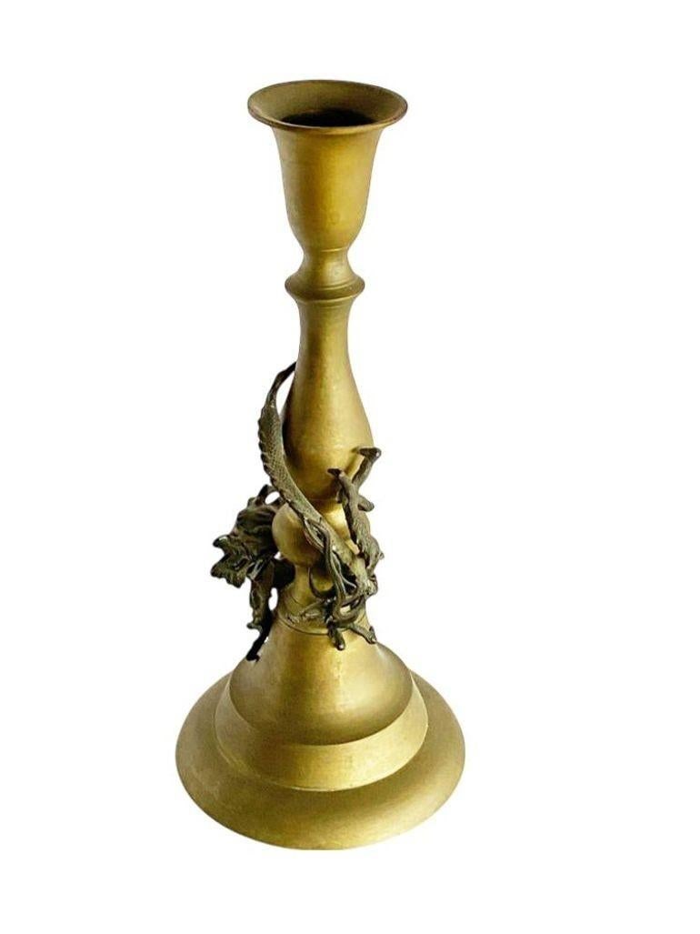 Hand Casted Brass Candlestick Holder w/ Chinese Dragon, Circa 1920 - 4