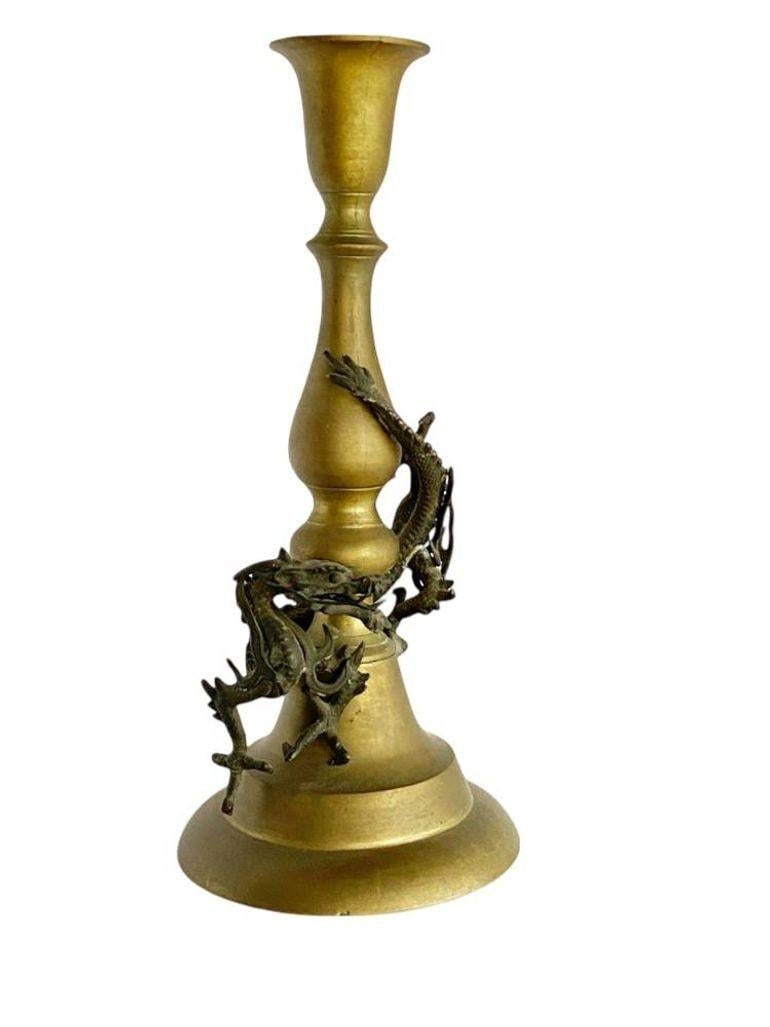 Hand Casted Brass Candlestick Holder w/ Chinese Dragon, Circa 1920 - 6