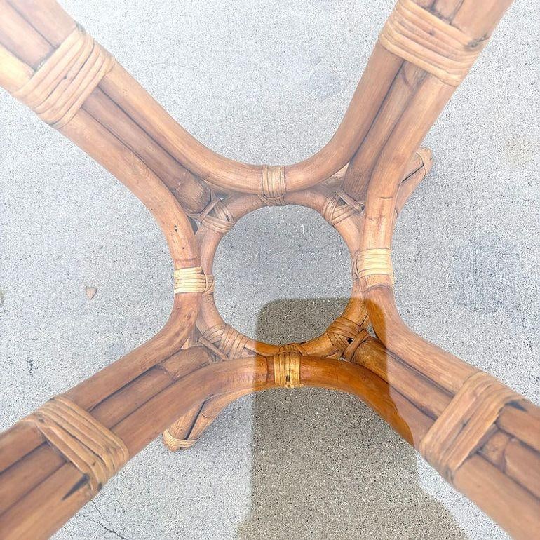 Restored MCM Modernist Rattan Hourglass Round Dining Table w/ Glass Top - 18