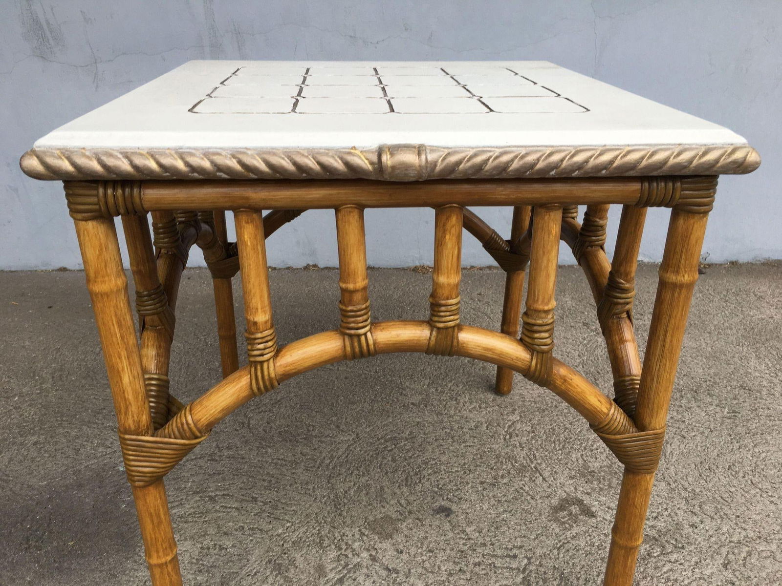 Restored Rattan Center Coffee Table with Solid Resin Top - 17