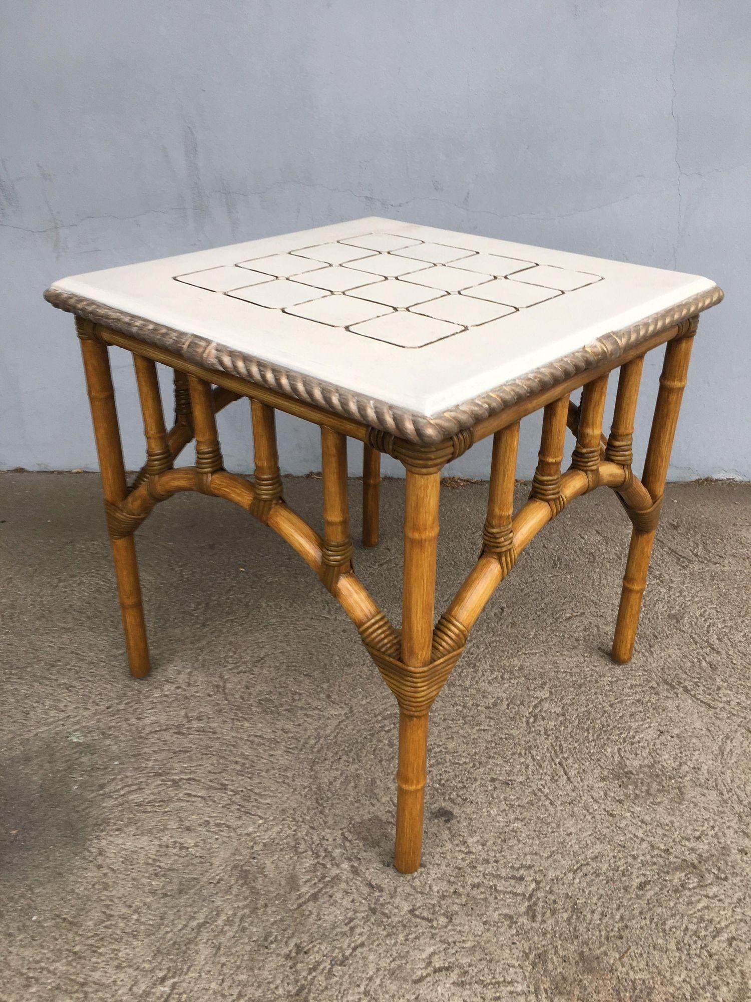 Restored Rattan Center Coffee Table with Solid Resin Top - 9