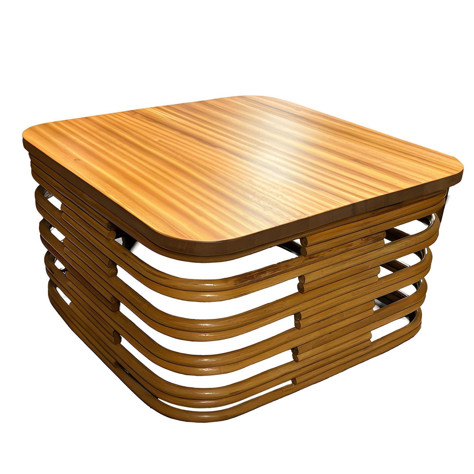 Restored Stacked Rattan Coffee Table w/ Mahogany Top - 3