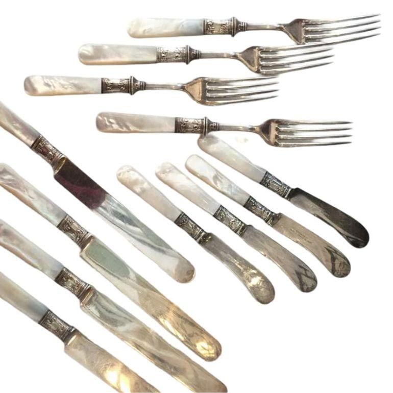 Antique Fish Flatware Set, Sterling Silver with Mother-of-pearl, Set of 18 - 11