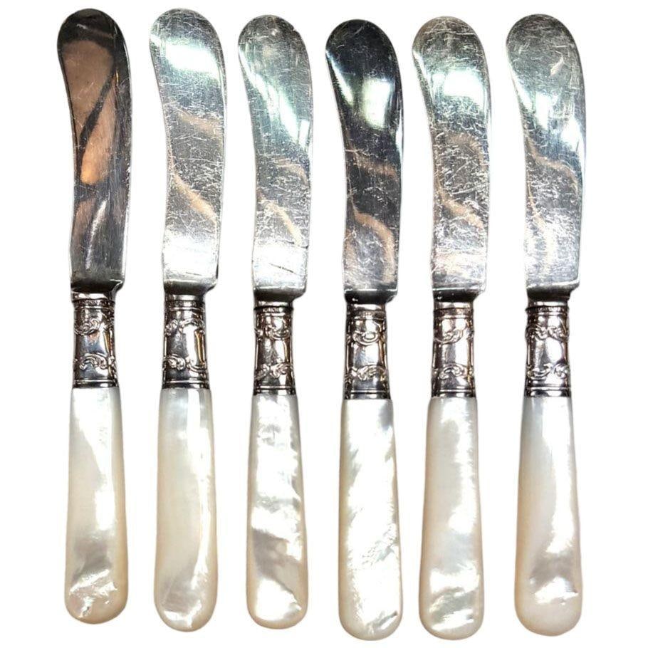 Antique Fish Flatware Set, Sterling Silver with Mother-of-pearl, Set of 18 - 19