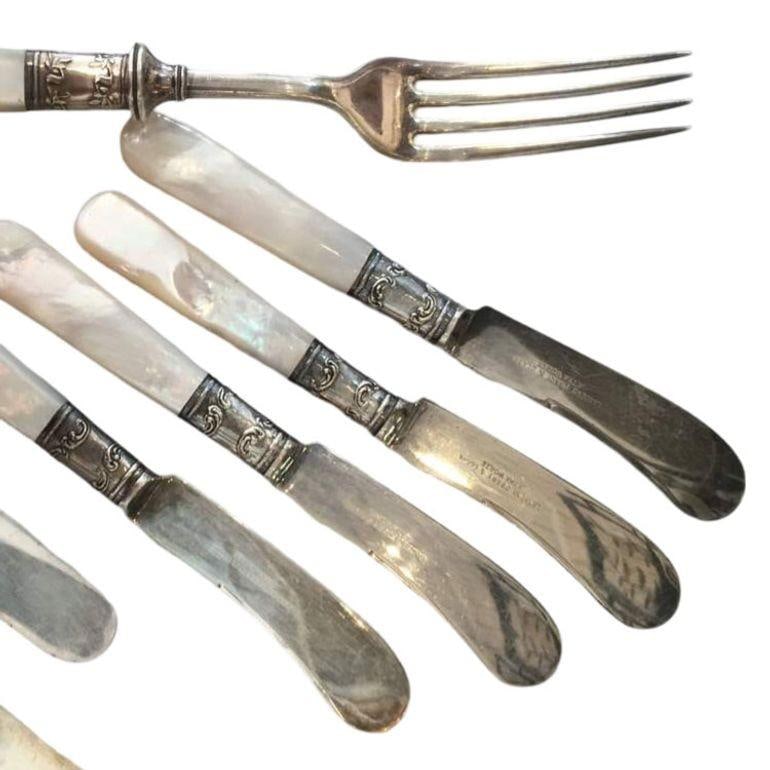 Antique Fish Flatware Set, Sterling Silver with Mother-of-pearl, Set of 18 - 3