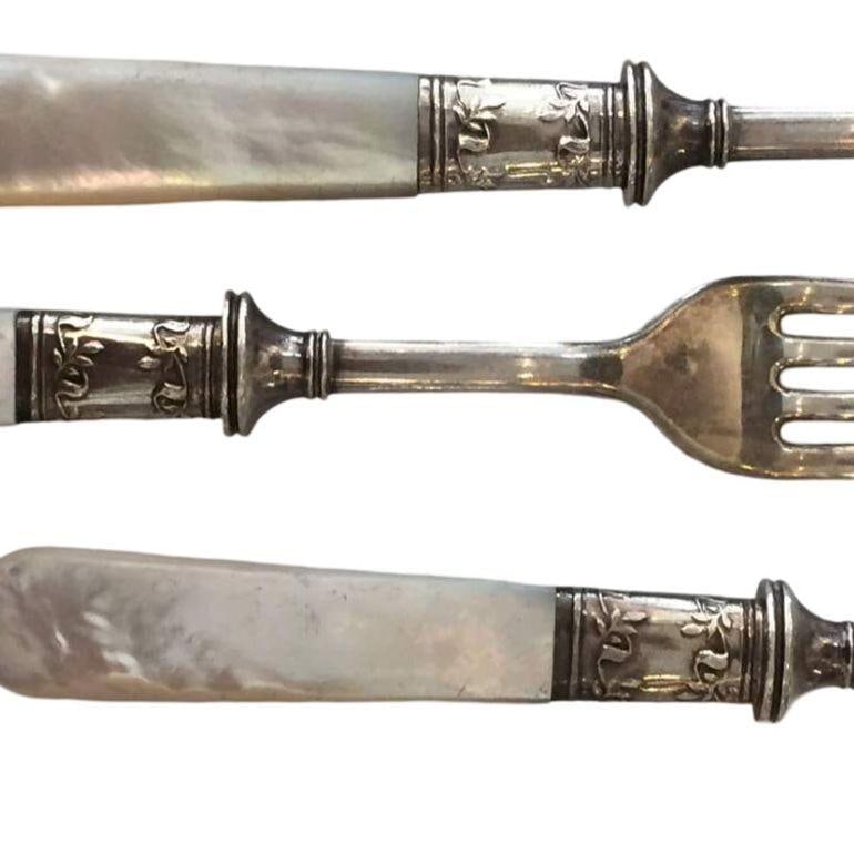 Antique Fish Flatware Set, Sterling Silver with Mother-of-pearl, Set of 18 - 5