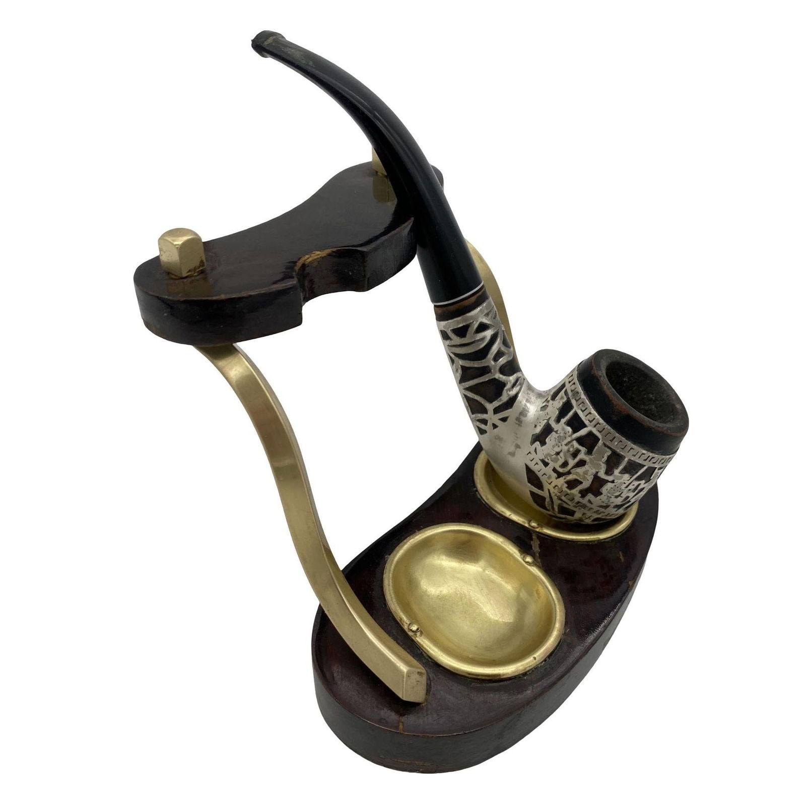 Brass and Bloodwood Pipe Holder by Dunhill w/ Silver Medico Pipe - 2