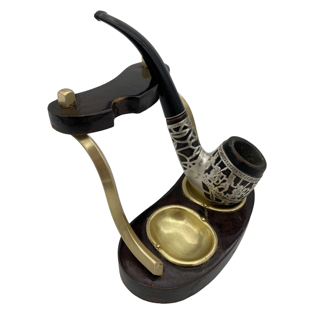 Brass and Bloodwood Pipe Holder by Dunhill w/ Silver Medico Pipe - 7