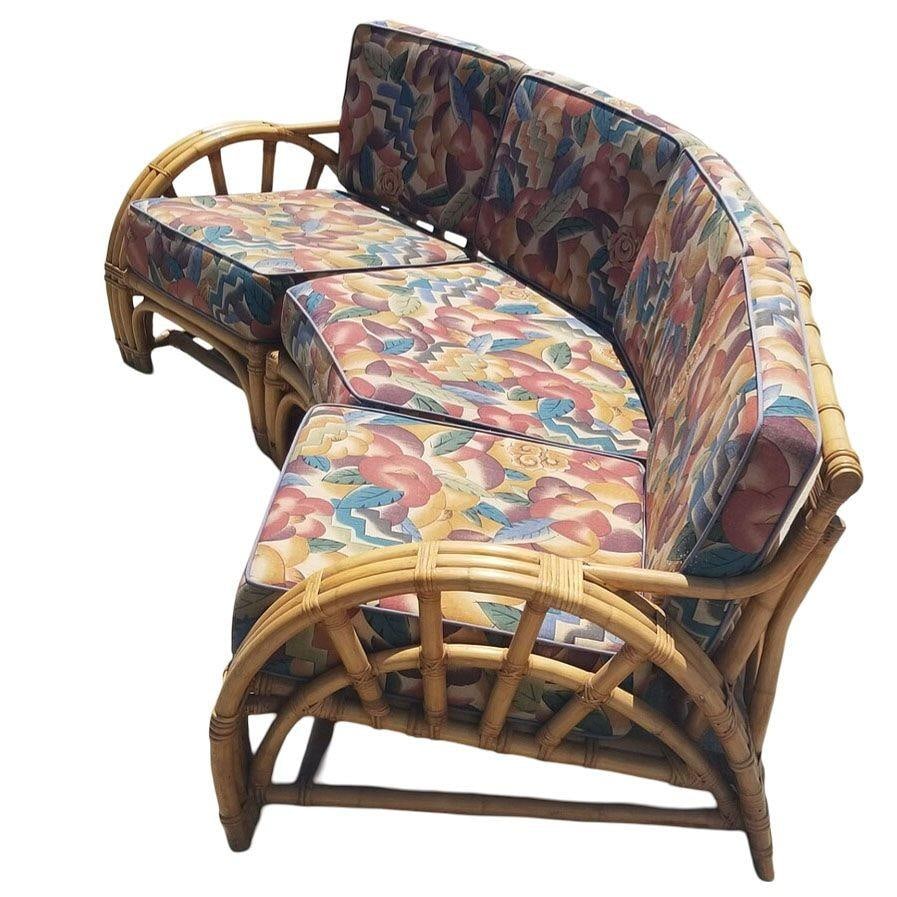 Restored Mid-century 3 Strand Rattan Spoke Half Moon Arm Corner Sectional Sofa - 18