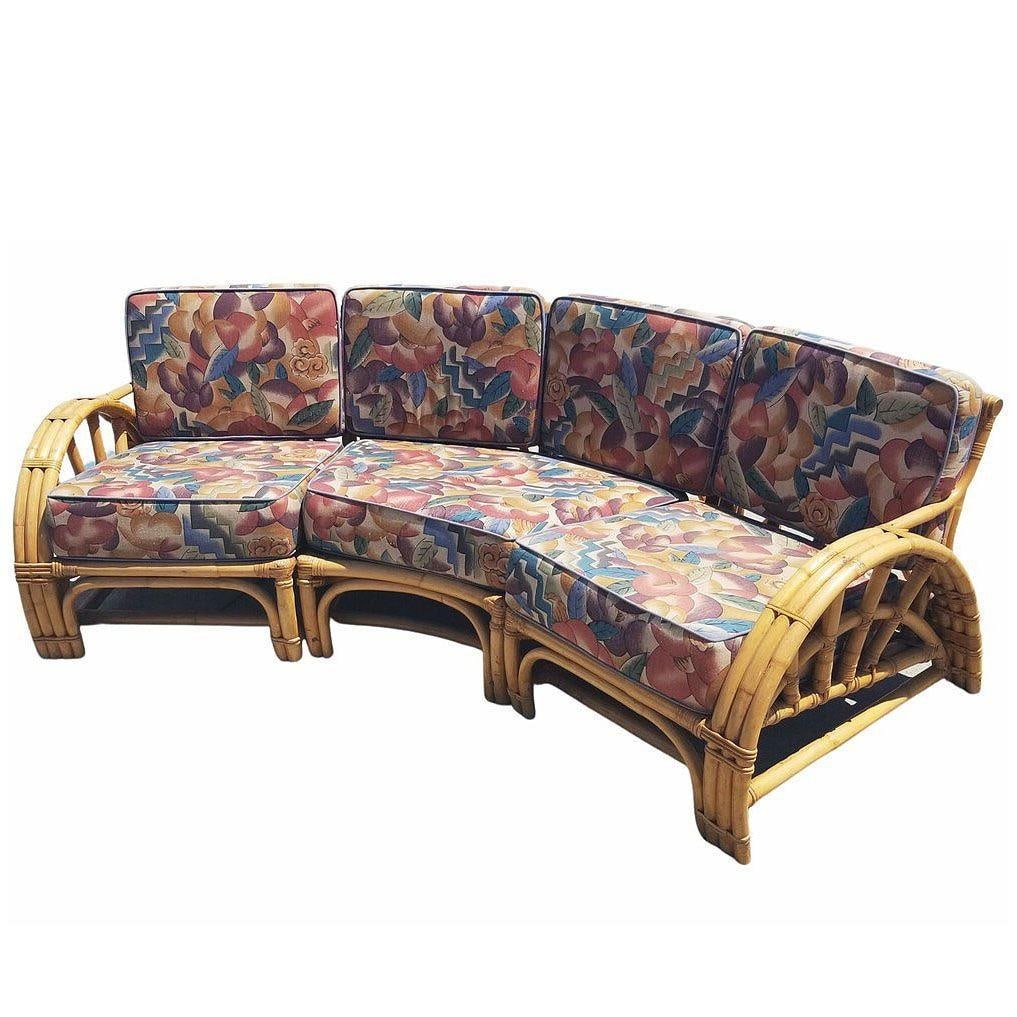 Restored Mid-century 3 Strand Rattan Spoke Half Moon Arm Corner Sectional Sofa - 9