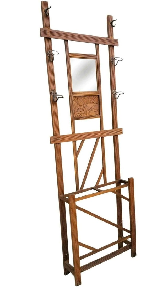 Art Deco Carved Rack Hall Tree with Mirror - 3