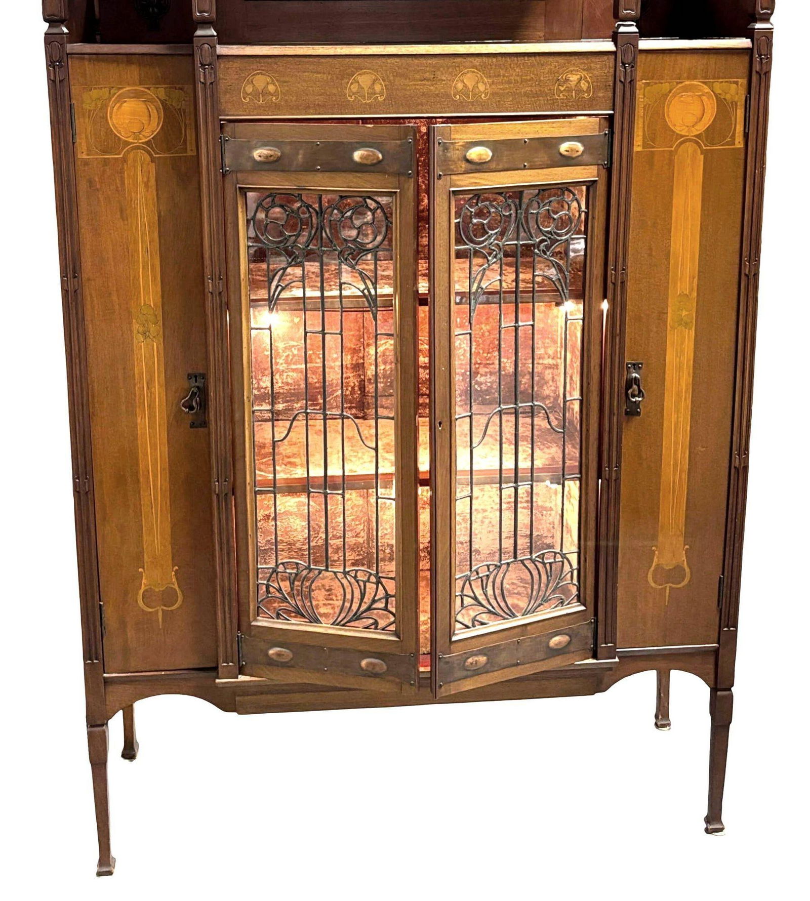 Antique Art Nouveau Mahogany and Floral Marquetry Display Cabinet - 10