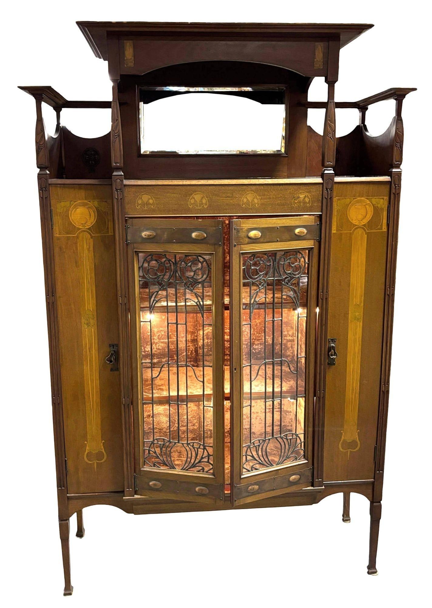 Antique Art Nouveau Mahogany and Floral Marquetry Display Cabinet - 11