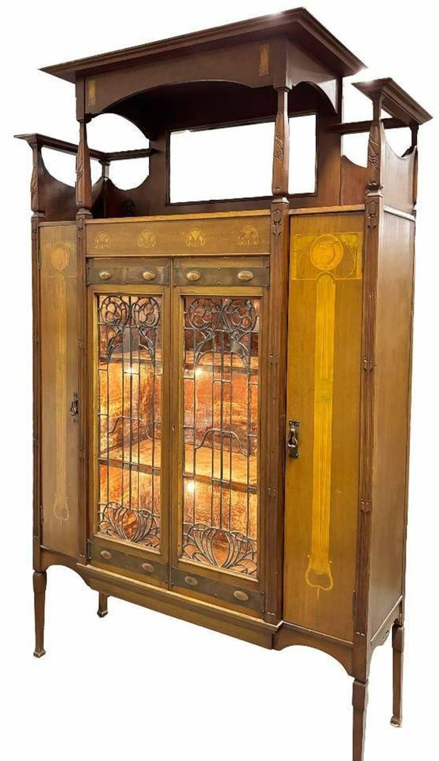 Antique Art Nouveau Mahogany and Floral Marquetry Display Cabinet - 9
