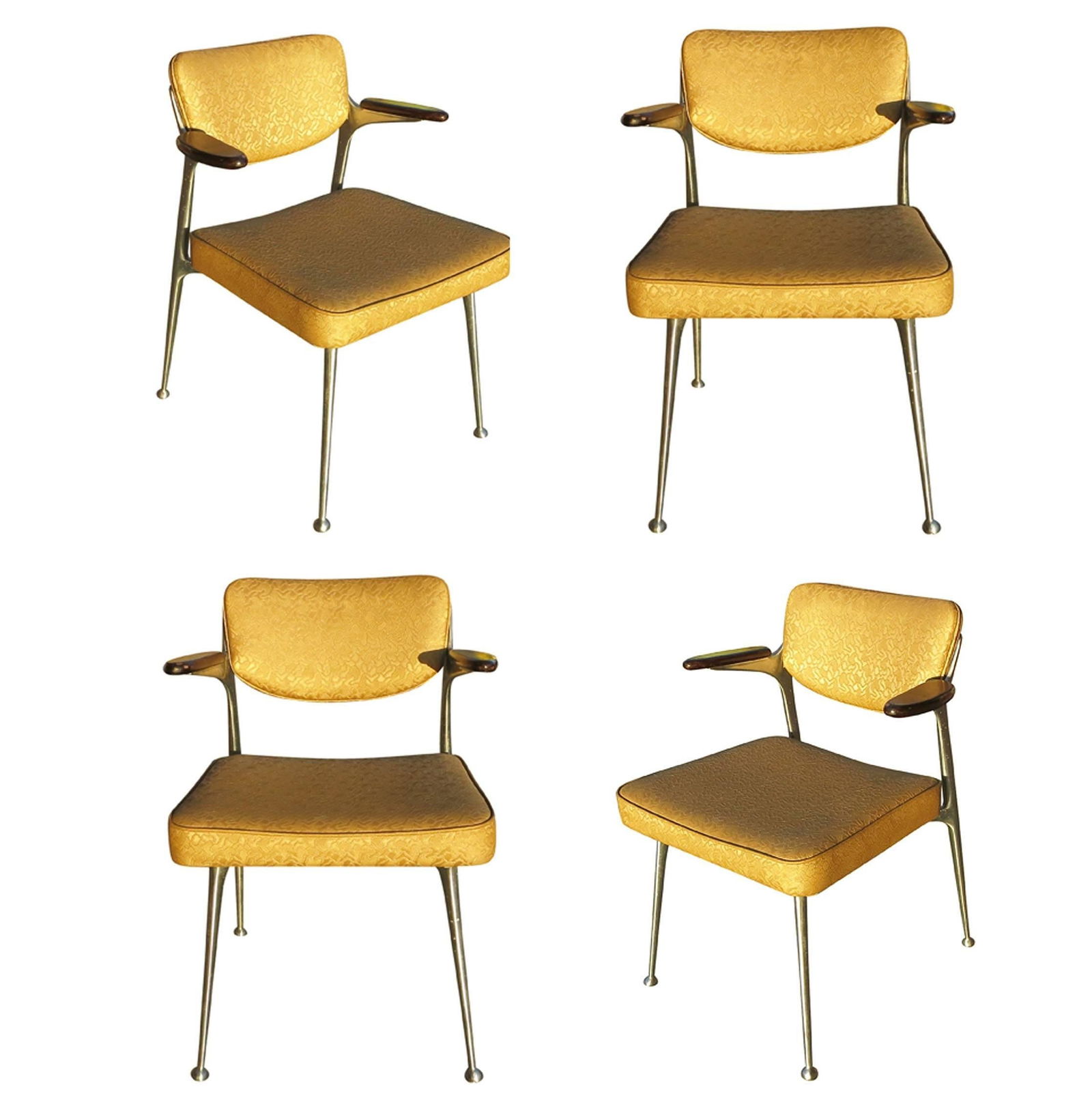 Aluminum Gazelle Armchairs by Shelby Williams, Set of Four: Title: Aluminum Gazelle Armchairs by Shelby Williams, Set of Four Description: A set of four circa 1950 aluminum Gazelle chairs made by Shelby Williams with original seat coverings. These chairs are
