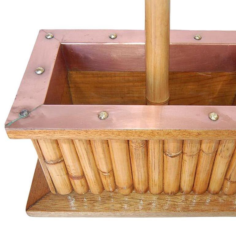 Restored Rare Rattan & Koa Wood Planter Table Lamp w/ Large Copper Accent - 13