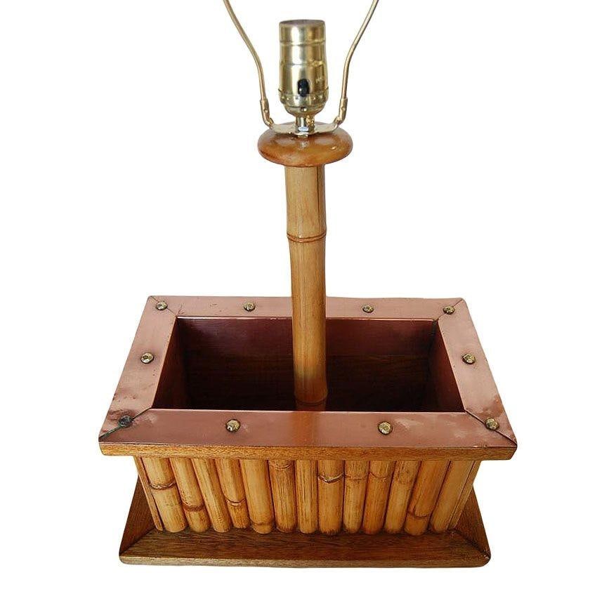 Restored Rare Rattan & Koa Wood Planter Table Lamp w/ Large Copper Accent - 18