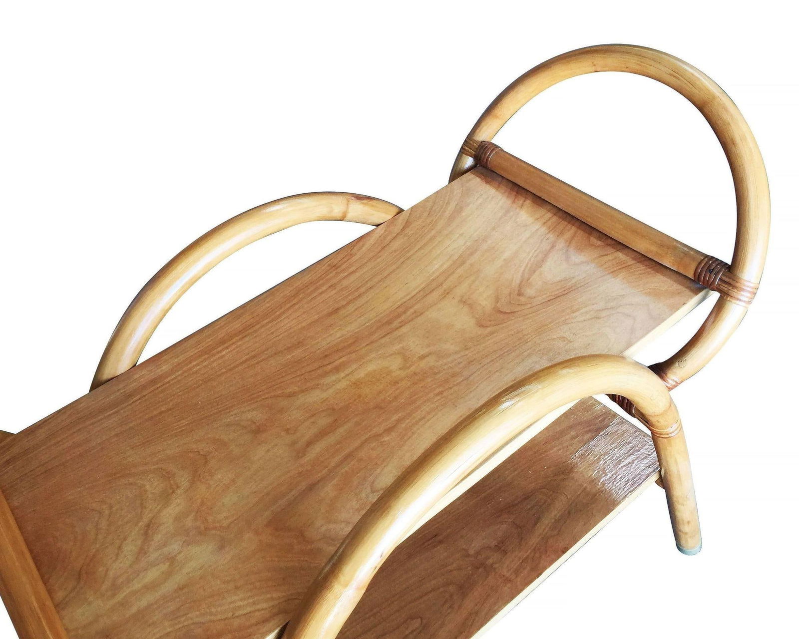 Restored Free-Form "Arches" Rattan Bar Cart W/ Mahogany Top - 14