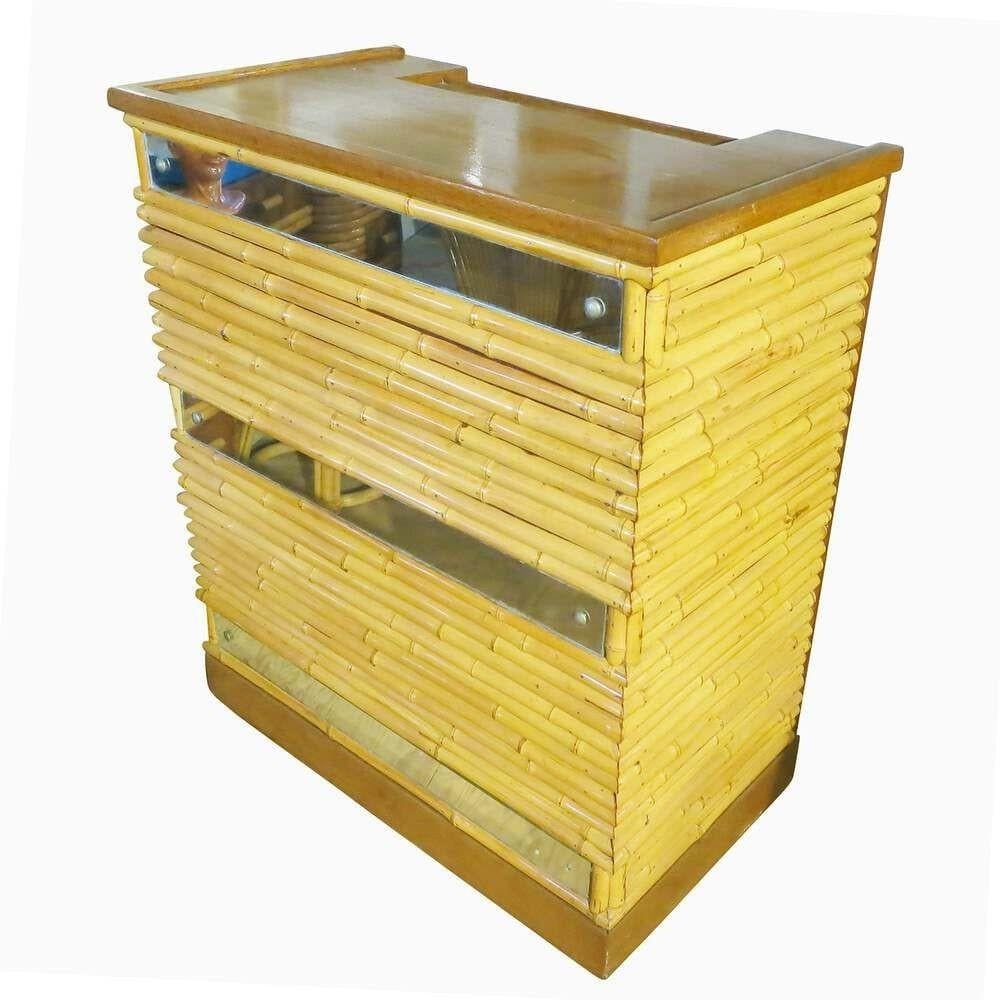 Restored Mirror Front Stacked Rattan Bar & Mahogany Top, 1940 - 2