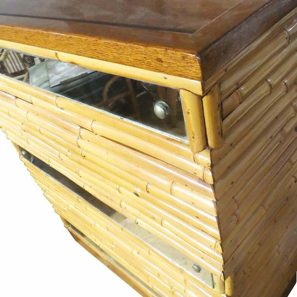 Restored Mirror Front Stacked Rattan Bar & Mahogany Top, 1940 - 3