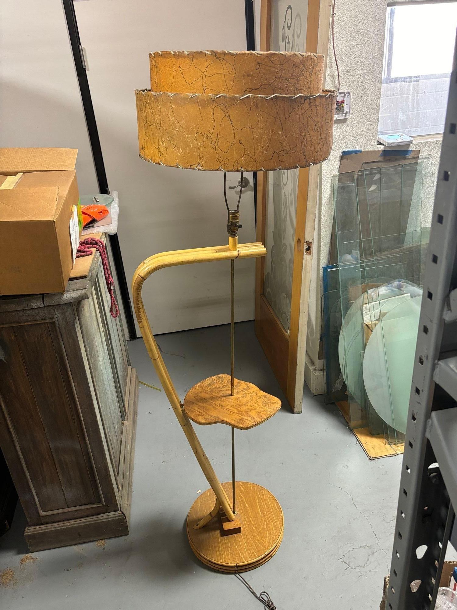 Restored Googie Asymmetric Pole Floor Lamp w/ Side Table & Fiberglass Shade - 14