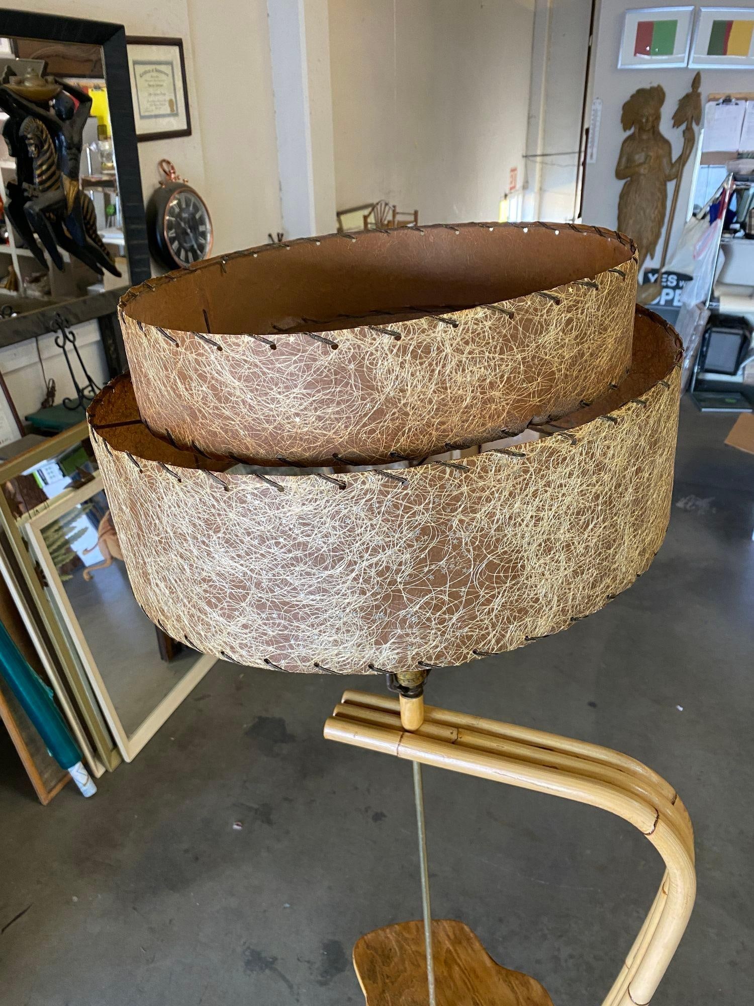 Restored Googie Asymmetric Pole Floor Lamp w/ Side Table & Fiberglass Shade - 16