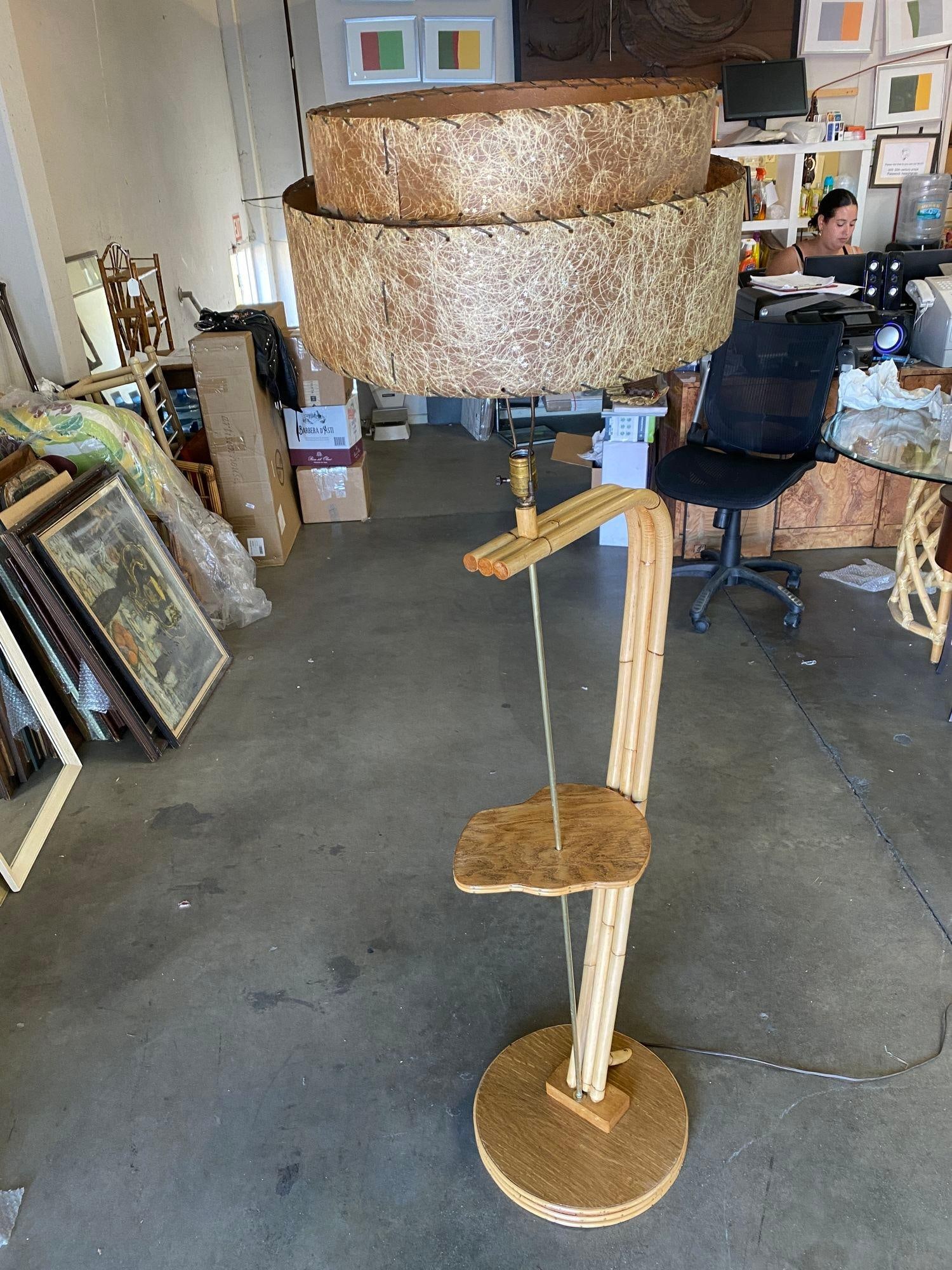 Restored Googie Asymmetric Pole Floor Lamp w/ Side Table & Fiberglass Shade - 18