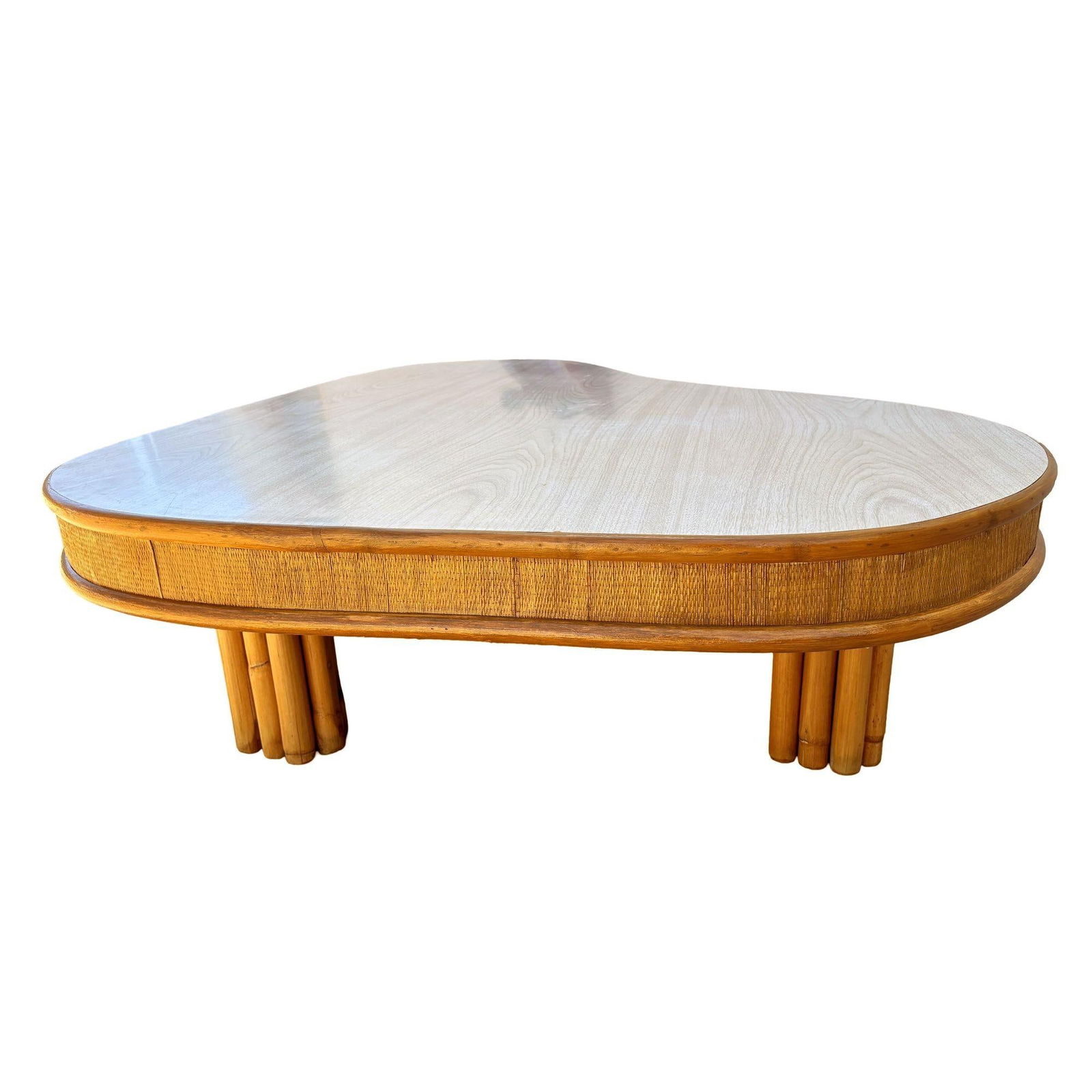 Large 5' Foot Mid-Cetury Biomorphic Rattan Coffee Table w/ Grassmat Sides - 3