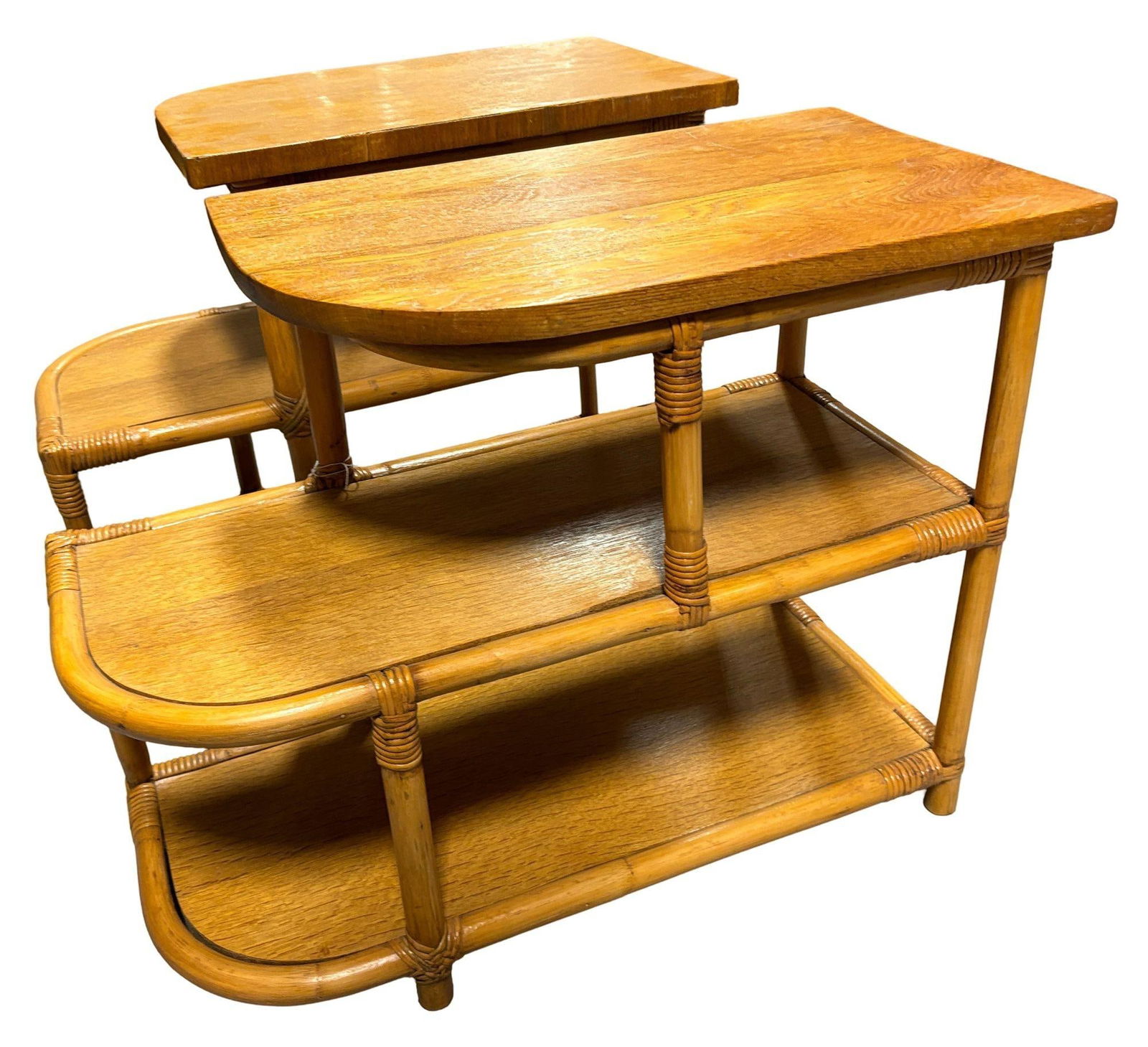 Restored Streamline Rattan & Mahogany 3-Tiered "Trio" End Table, Pair - 12