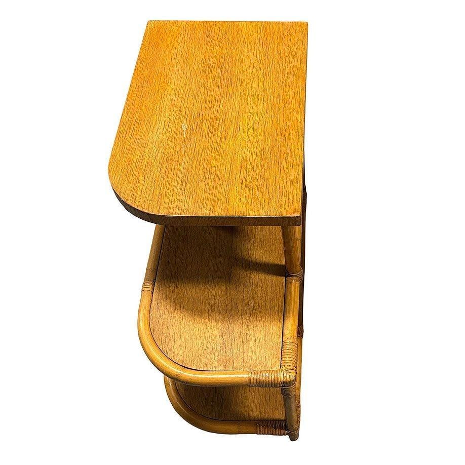 Restored Streamline Rattan & Mahogany 3-Tiered "Trio" End Table, Pair - 14